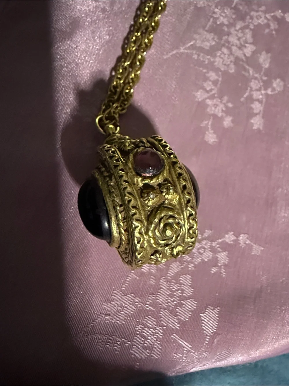 Vintage Gold Pendant Necklace with Deep Red Cabochon